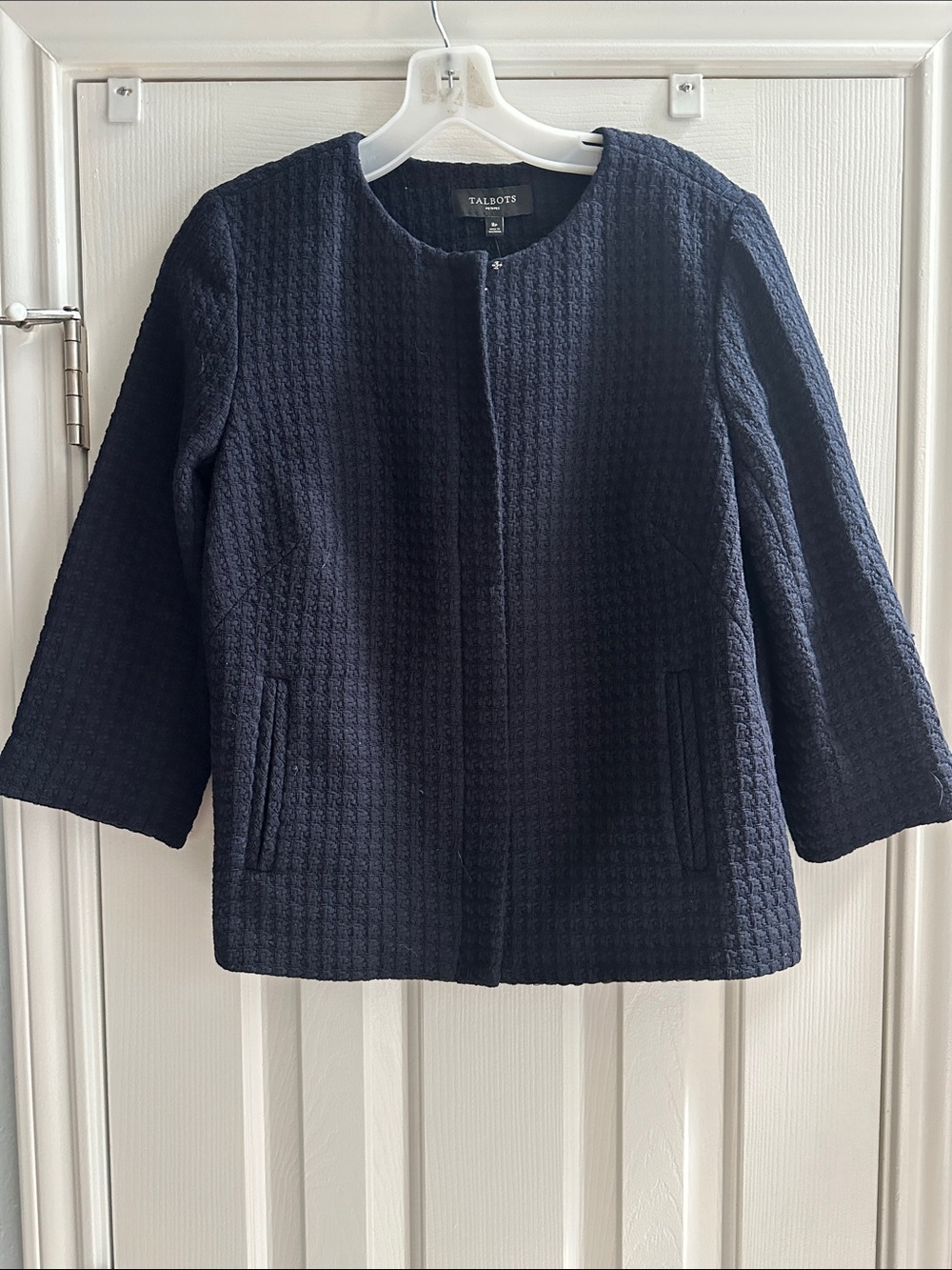 Talbots Tweed Textured Navy Full Zip Jacket NWT 8P Preppy Classic Timeless